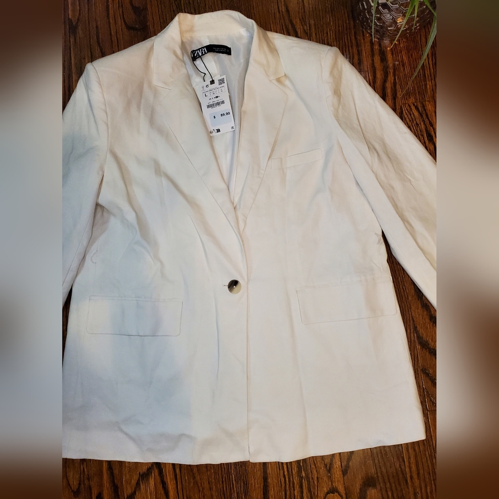 Zara Ecru Linen Blend Belted One Button Blazer - Picture 9 of 16